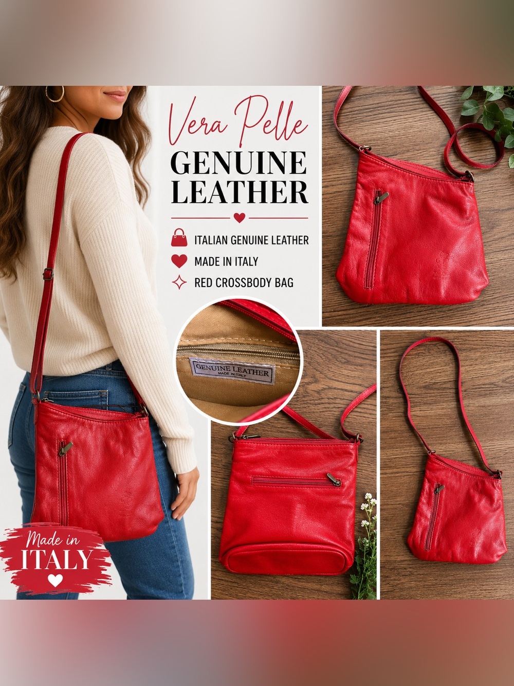 Vera Pelle Genuine Leather Red Crossbody Purse Made in Italy